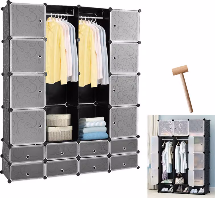 Clanmacy Sistema di scaffalatura guardaroba fai da te scarpiera 16 cubi di plastica appendiabiti, 142x37x180cm bianco e nero