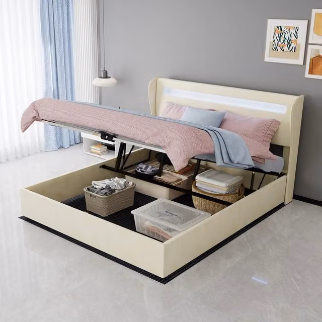 Letto Contenitore Imbottito con Testiera LED ¨C MINIMAL ¨C Velluto Beige 160x200