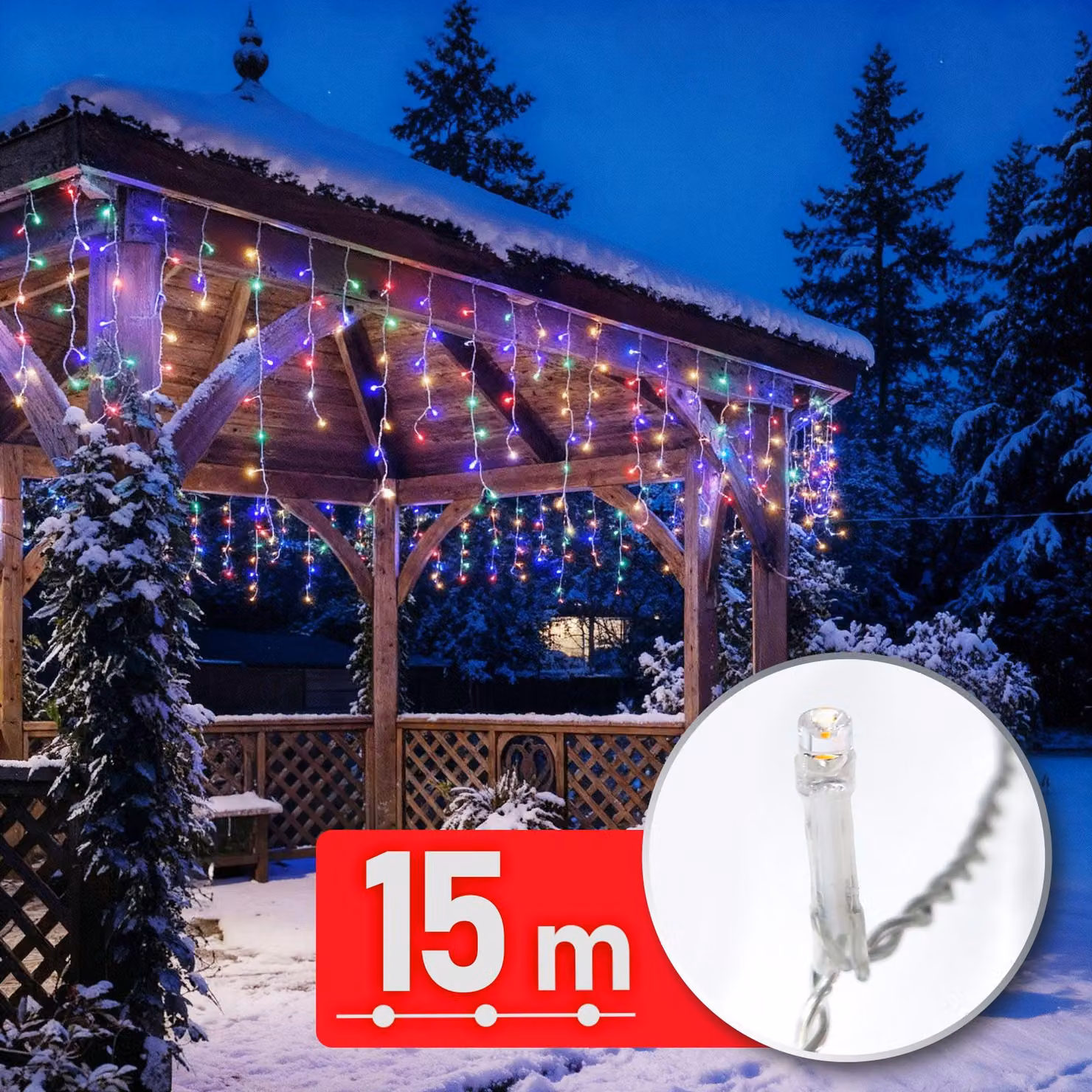 Fiaccole LED Luci di Natale - 15 m di cortina luminosa con 600 LED - multicolore - 8 livelli di luce con timer e funzione di memoria - cavo trasparente - per uso interno ed esterno - 220-240 V - 6 W [59770]
