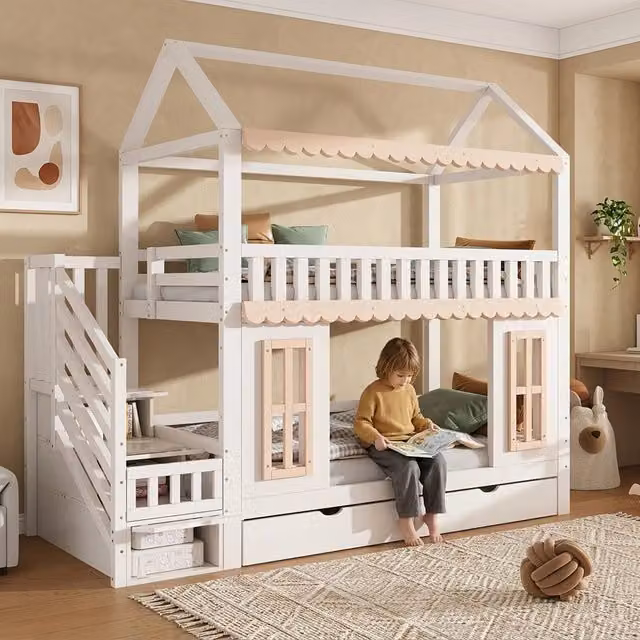 Letto a castello a forma di casa in pino e MDF 90 x 200 cm con armadio laterale contenitore e scala, 2 cassetti - Bianco e Naturale