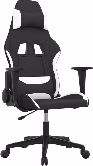 Sedia da Gaming Sportiva in Tessuto Nero e Bianco con Poggiatesta e Ruote Multidirezionali – 1