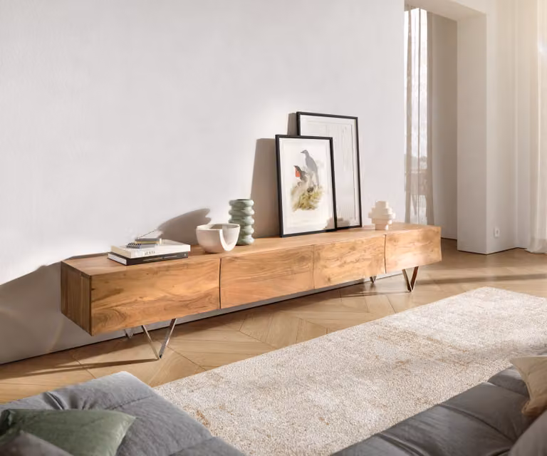 DELIFE Credenza bassa Wyatt 220 cm in acacia naturale, 4 cassetti, piedini a V in acciaio inossidabile
