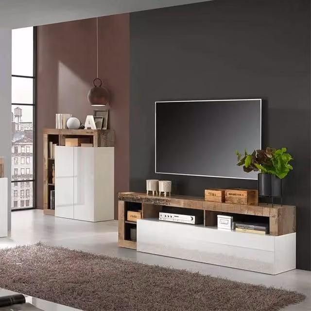 Mobile da soggiorno DMORA Porta Arkangel, credenza moderna con anta e vani aperti, Bianco lucido e Pero, L: 184 cm, P: 42 cm, H: 58 cm – 1