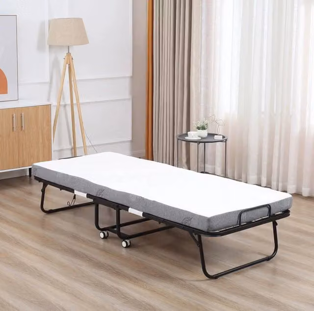 Letto pieghevole 200x80 cm bianco in acciaio con ruote e materasso