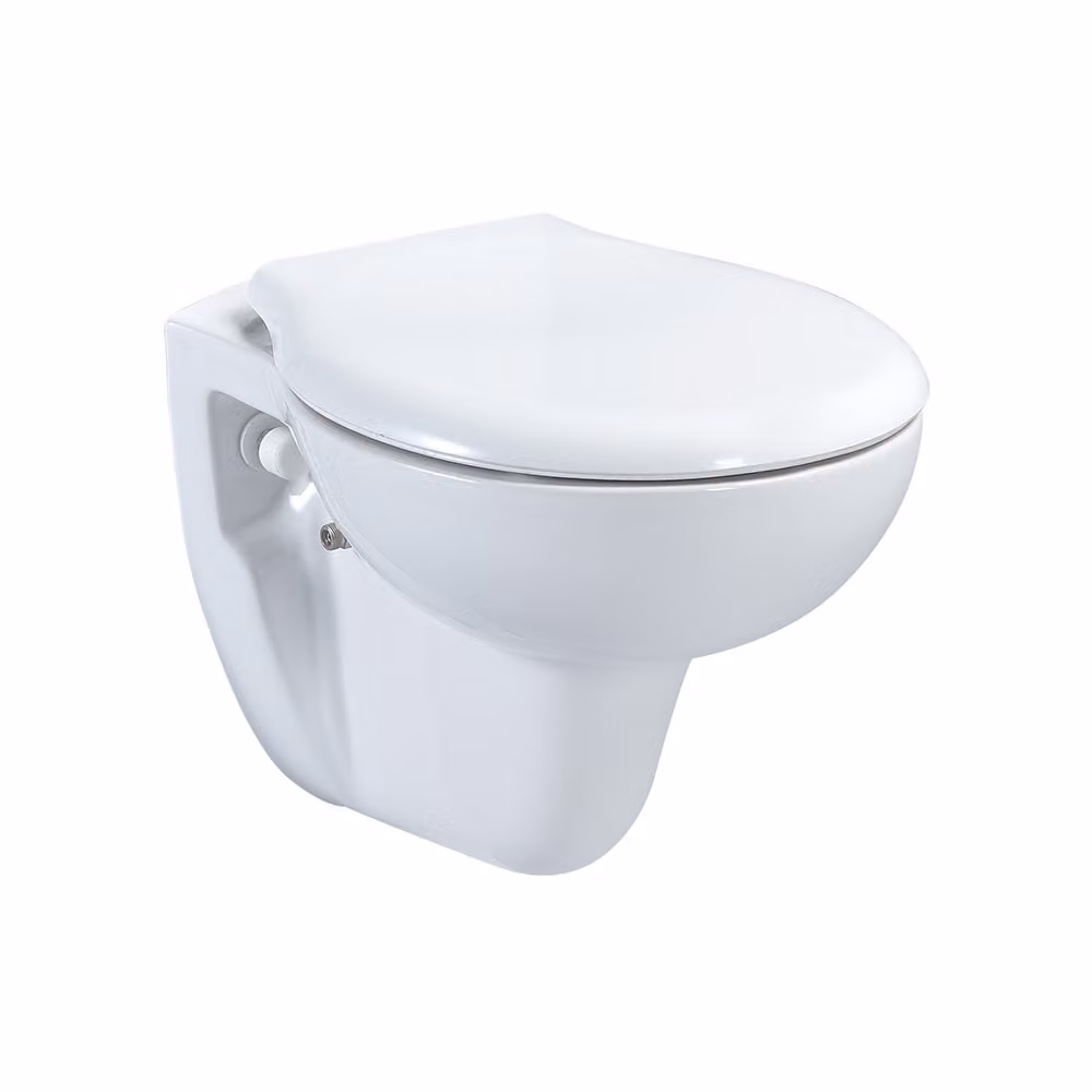 Bidet da parete Belvit, modello Taharet, bianco, per WC sospeso, con sistema di scarico a parete e meccanismo di abbassamento automatico "soft-close" per il coperchio