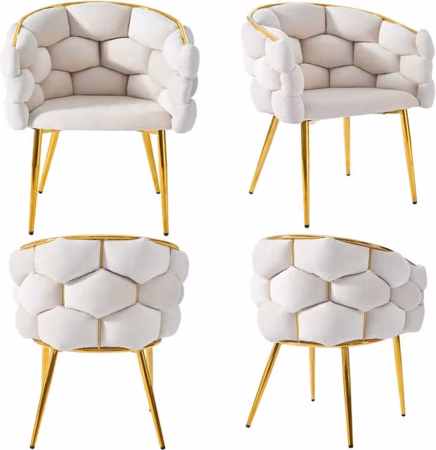 Set di 4 sedie da pranzo in velluto beige con gambe in ferro dorato, design ergonomico moderno
