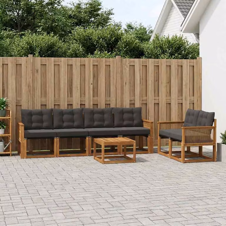 Set di divani da esterno vidaXL 7 pezzi in legno di acacia con cuscini e tavolino da caffè, colori beige e nero