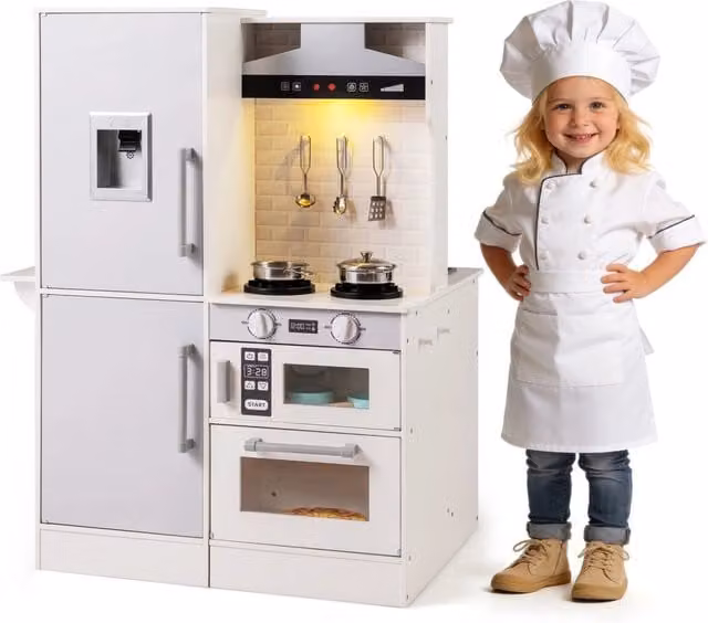 Cucina giocattolo in legno bifacciale con luci e suoni, completa di cappa, microonde e utensili, colore bianco – 1