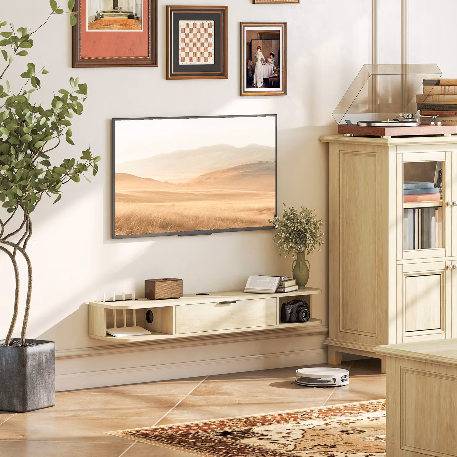 Mobile TV sospeso HOMCOM in legno con cassetto ribaltabile e 2 ripiani aperti, gestione cavi, L: 120 cm, P: 24 cm, H: 16 cm – 2