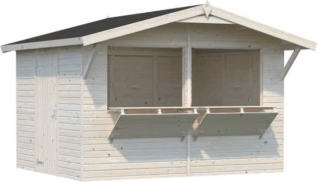 Chiosco da giardino in legno di abete Esterni da Vivere con 2 sportelli a ribalta per mercatini, L: 323 cm, P: 239 cm, H: 259 cm