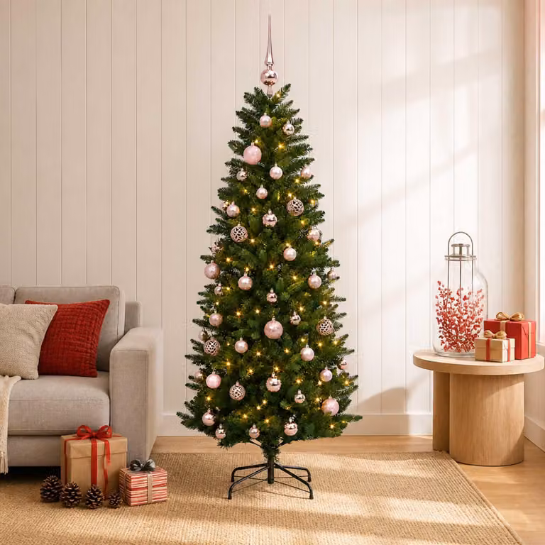 Albero di Natale artificiale con decorazioni a sfera, altezza 120 cm, 150 luci LED