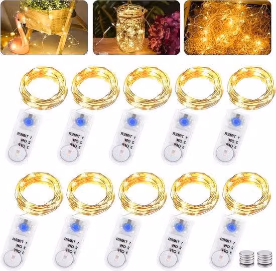 Ghirlanda luminosa a LED con timer a batterie - 10 pezzi, 2 m, 20 LED - Illuminazione per interni ed esterni, ideale per feste e ricorrenze.