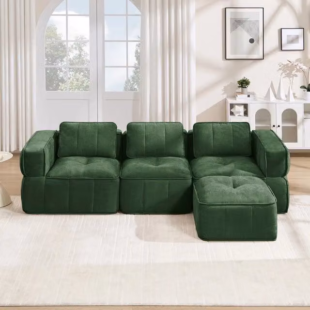 Divano angolare 3 posti con poggiapiedi ¨C Minimal ¨C Verde tessuto imbottito
