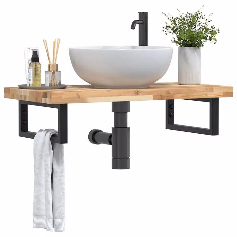 Ripiano a parete per lavabo DESIGN IN in acciaio nero e legno di acacia marrone
