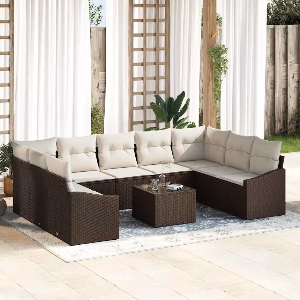 Set di divani da giardino vidaXL in polyrattan marrone con cuscini e tavolino da esterno 10 pezzi – 1