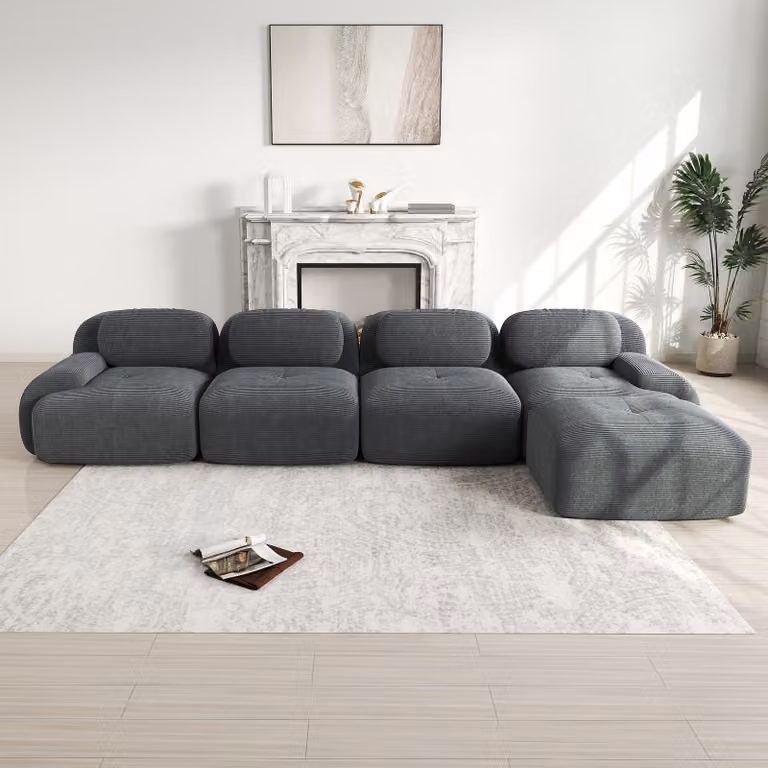 Divano angolare a 4 posti, senza struttura a vista, imbottitura in schiuma 32D, con chaise longue, braccioli extra-largi, non richiede montaggio (beige)