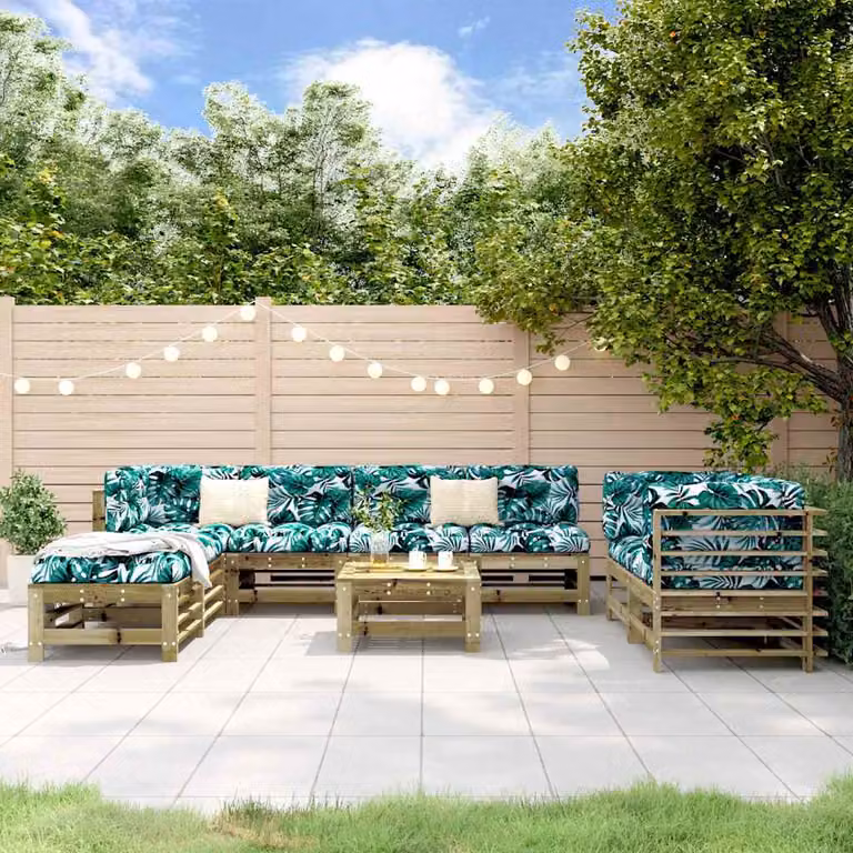 Set Salotto da Giardino vidaXL in Legno di Pino con Cuscini a Motivo Floreale, Marrone e Verde, 9 Pezzi