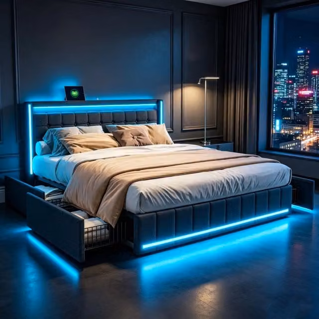 Letto matrimoniale con Contenitore 180x200 cm;letto imbottito 180x200 con 4 cassetti; LED e USB; rete a doghe;Grigio scuro; Lino;Senza Materasso