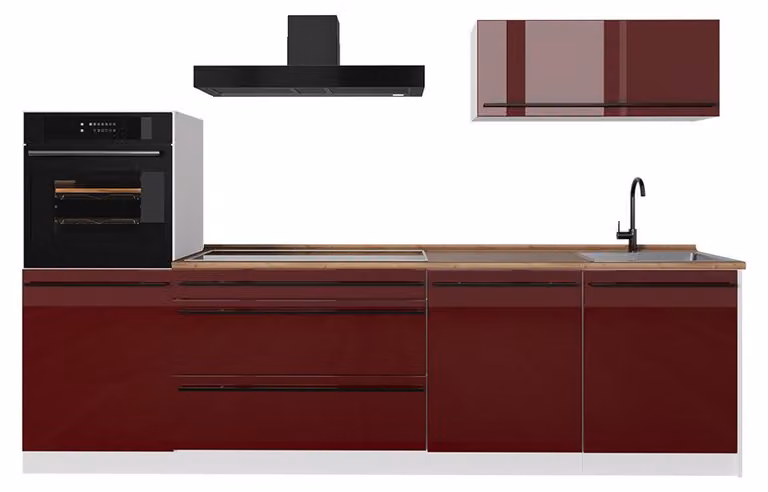 Cucina componibile Vicco R-Line Rosso lucido/Bianco 280 cm piano di lavoro Rovere dorato, Model 66498