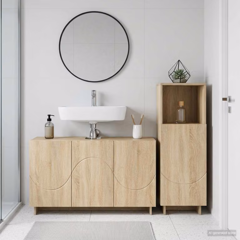 Set di mobili da bagno vidaXL in 2 pezzi color marrone con base lavabo e mobiletto laterale in legno ingegnerizzato L/P/H: 101,0 x 40,79 x 58,0 cm