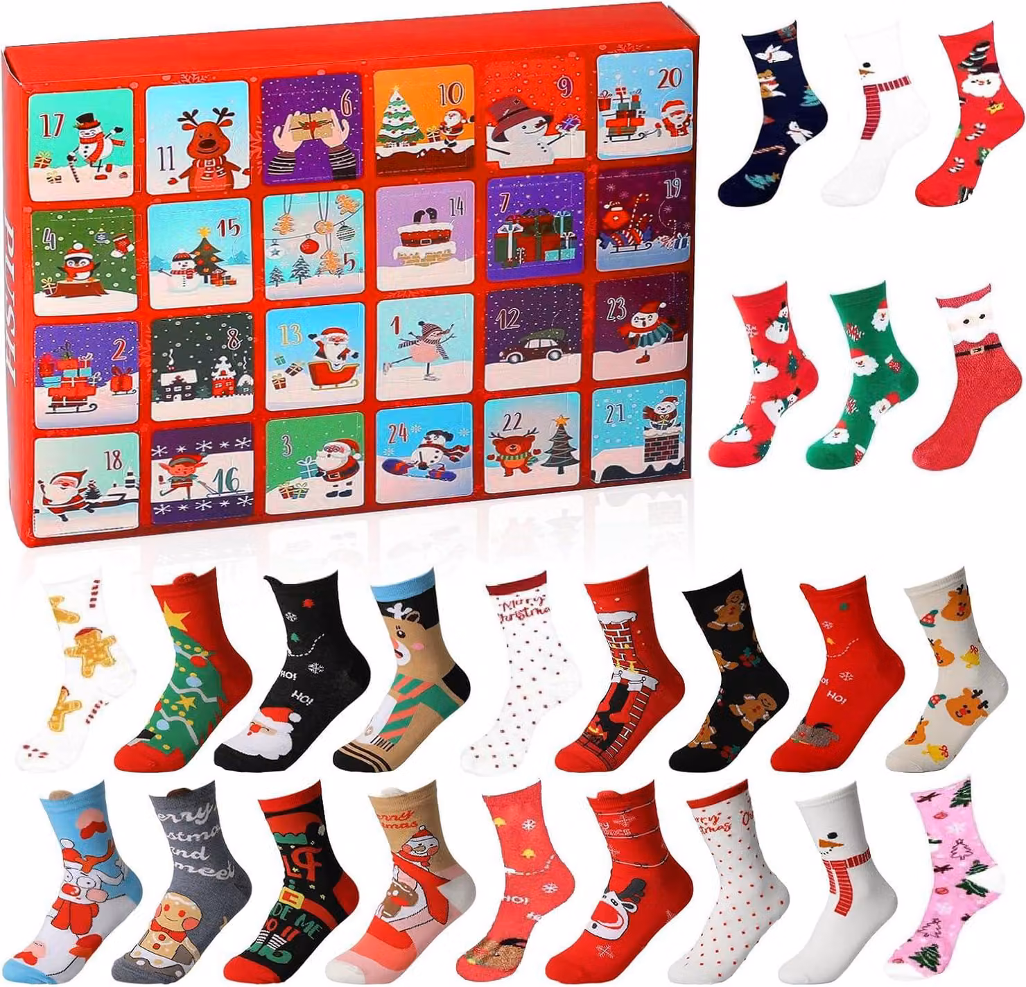 Calendario dell'Avvento natalizio con 12 paia di calzini, con motivi colorati