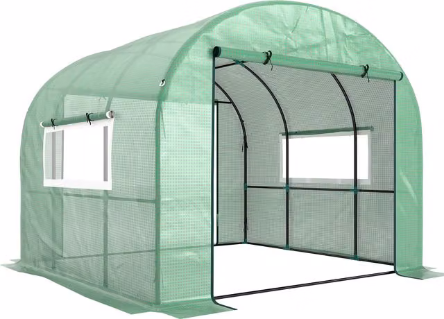 Outsunny Serra a Tunnel per Orto in Acciaio e PE Anti UV con Porte Avvolgibili e Finestre, Verde, L/P/H: 300 x 300 x 200 cm – 1