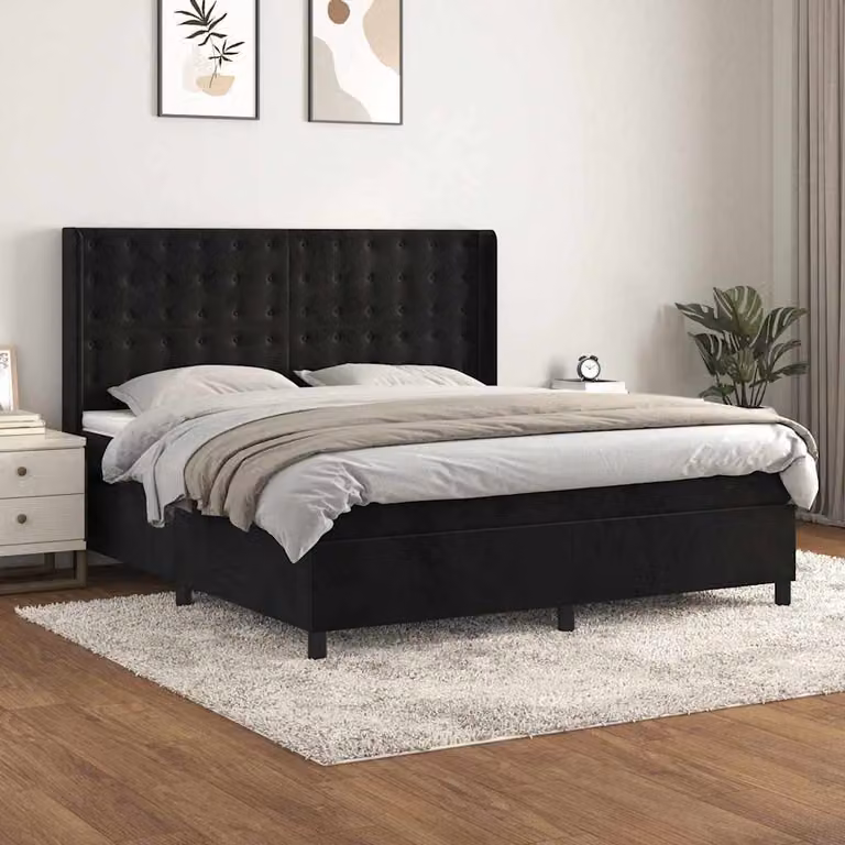 vidaXL Giroletto a Molle con Materasso in Velluto Nero L/P/H: 183 x 180 x 203 cm