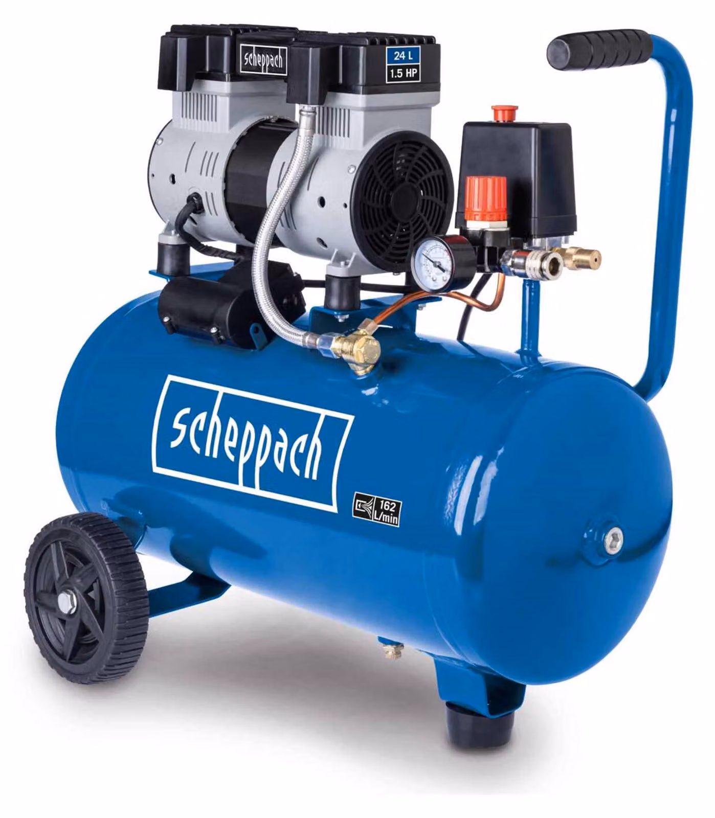 Compressore Scheppach Ultra Silent HC26Si | Motore da 1100 W | Pressione di esercizio 8 bar | Serbatoio aria compressa da 24 L | Portata di aspirazione 230 L/min | Silenzioso e senza olio