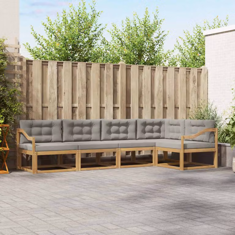 Set di divani da esterno a L vidaXL in legno di acacia con cuscini, Bianco, Grigio e Marrone