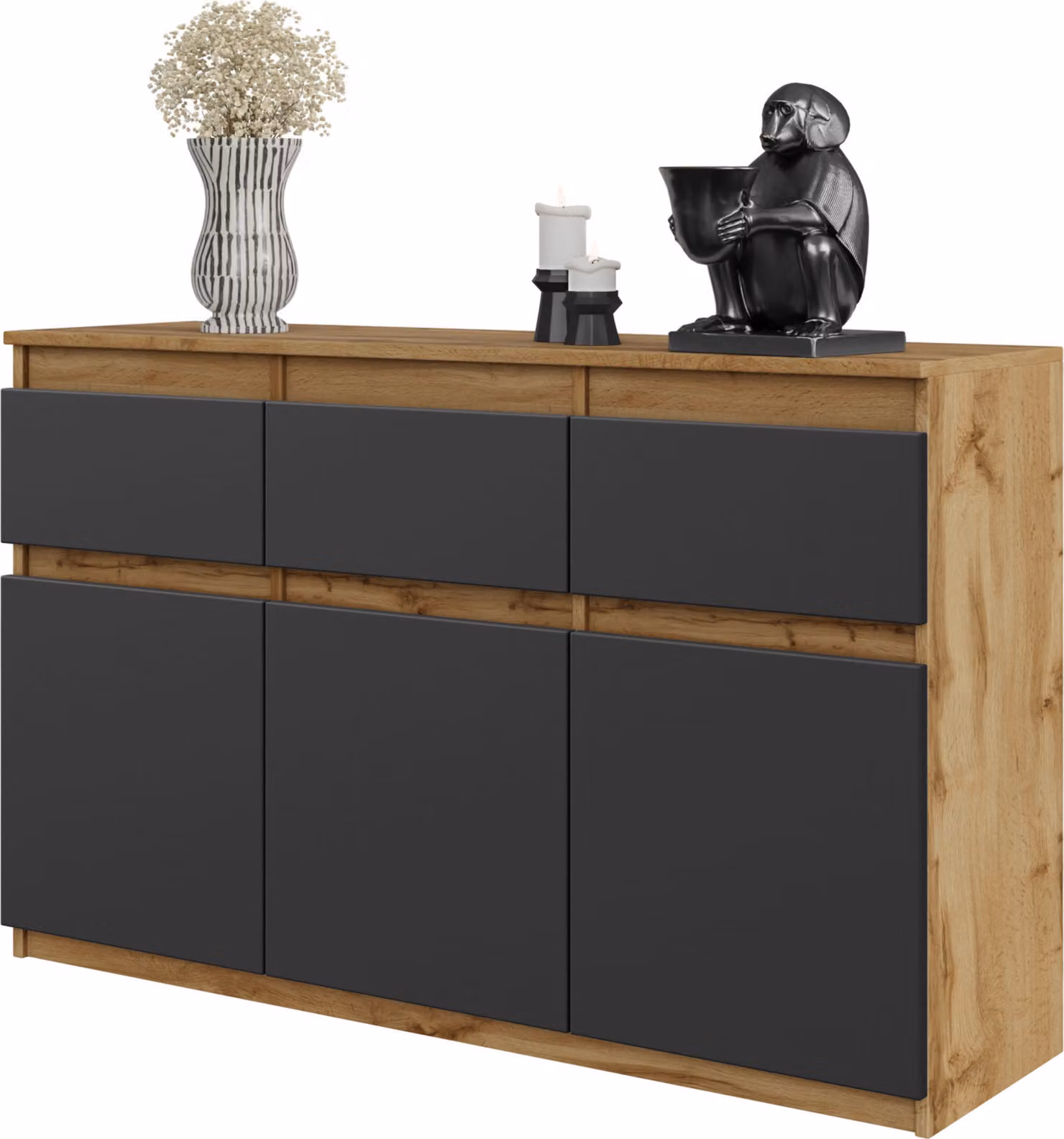 FURNICA - NOAH - Cassettiera / credenza con 3 cassetti e 3 ante - rovere Wotan / grigio antracite H75cm L120cm P35cm