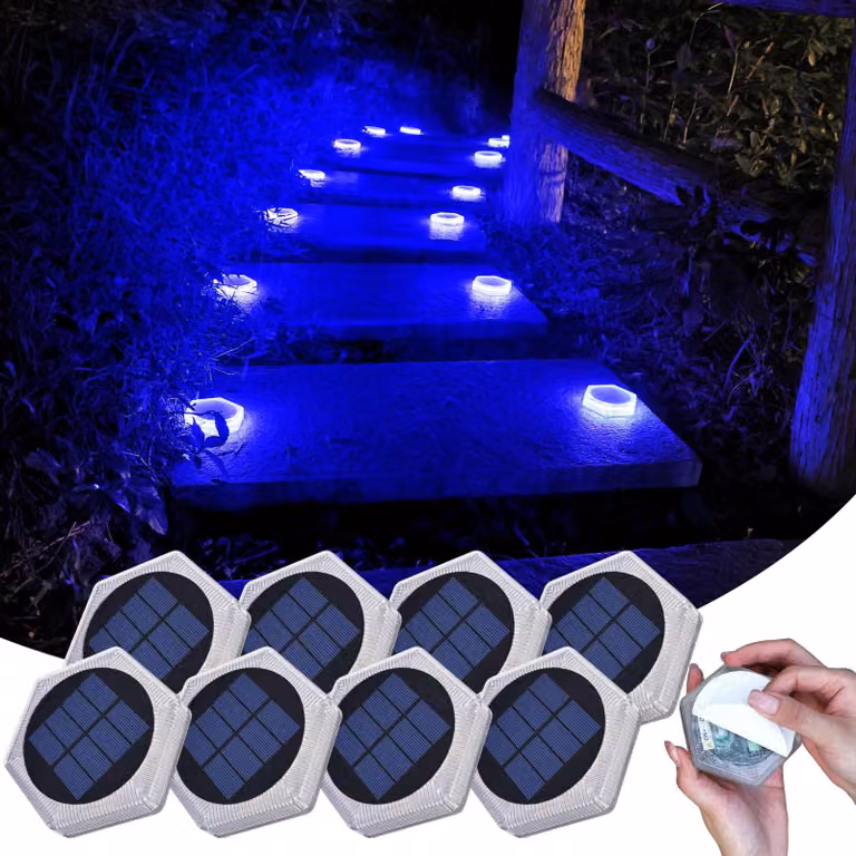 20 luci solari per gradini, 8 pezzi, esagonali, grado di protezione IP68, colore blu