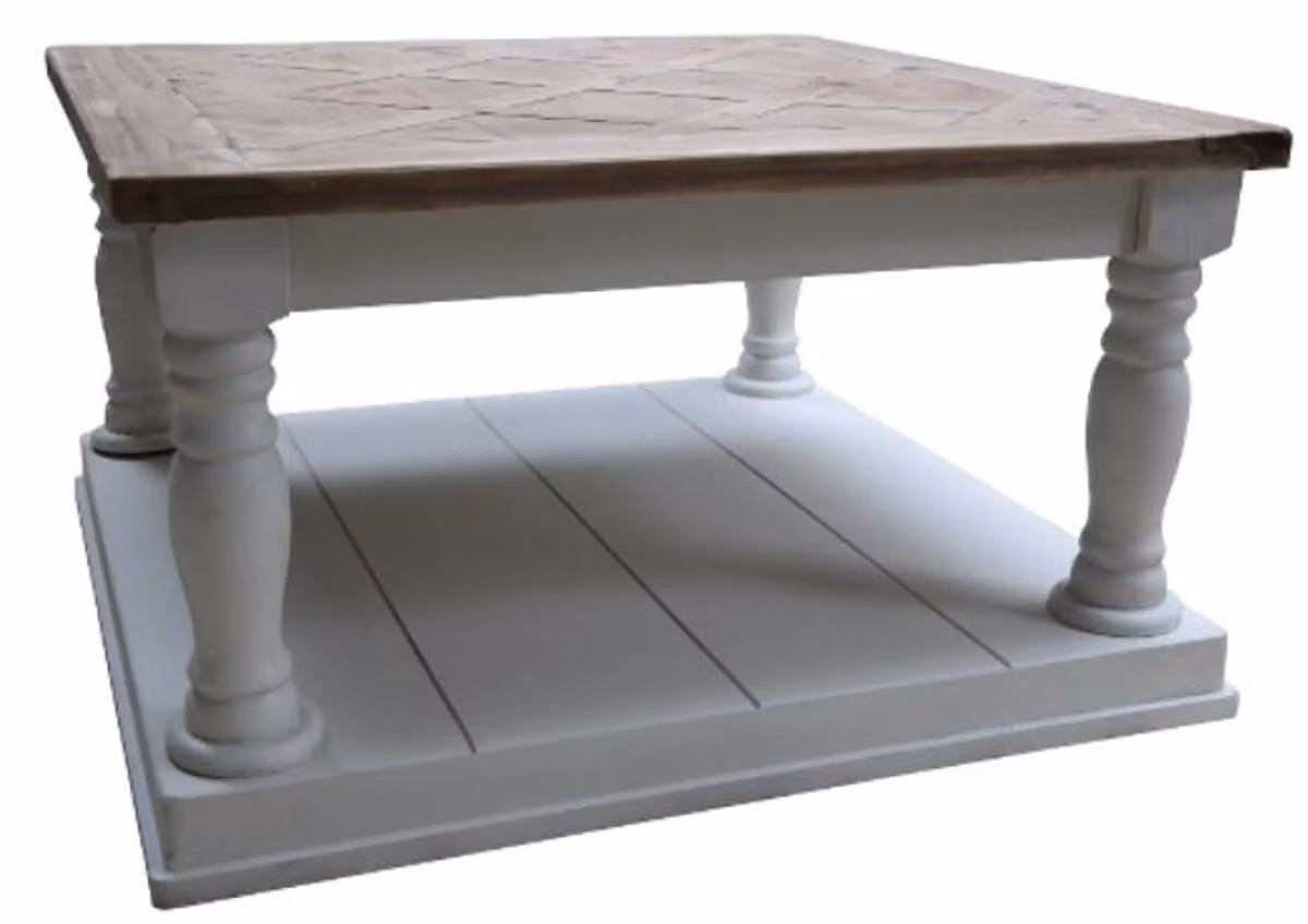 Tavolino da salotto in stile rustico "Casa Padrino", bianco e marrone, quadrato, 82 x 82 x 48 cm di altezza. Realizzato in legno massello