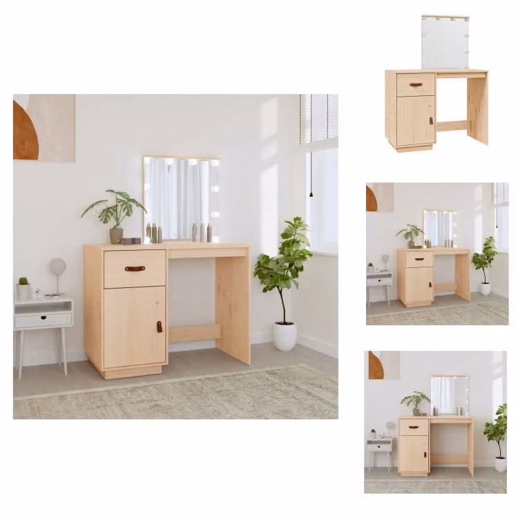 vidaXL Tavolino da toilette con LED 95x50x133,5 cm in legno di pino massiccio - Tavolini da toilette