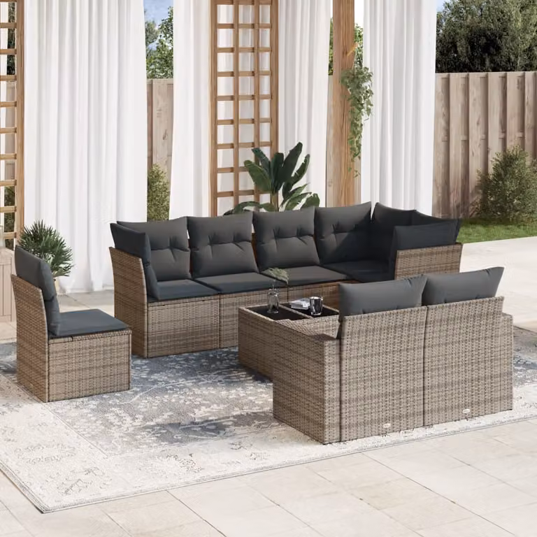 vidaXL Set Divano da Giardino 9 pz a Forma a L in Polyrattan Grigio con Cuscini e Tavolino da Caffè