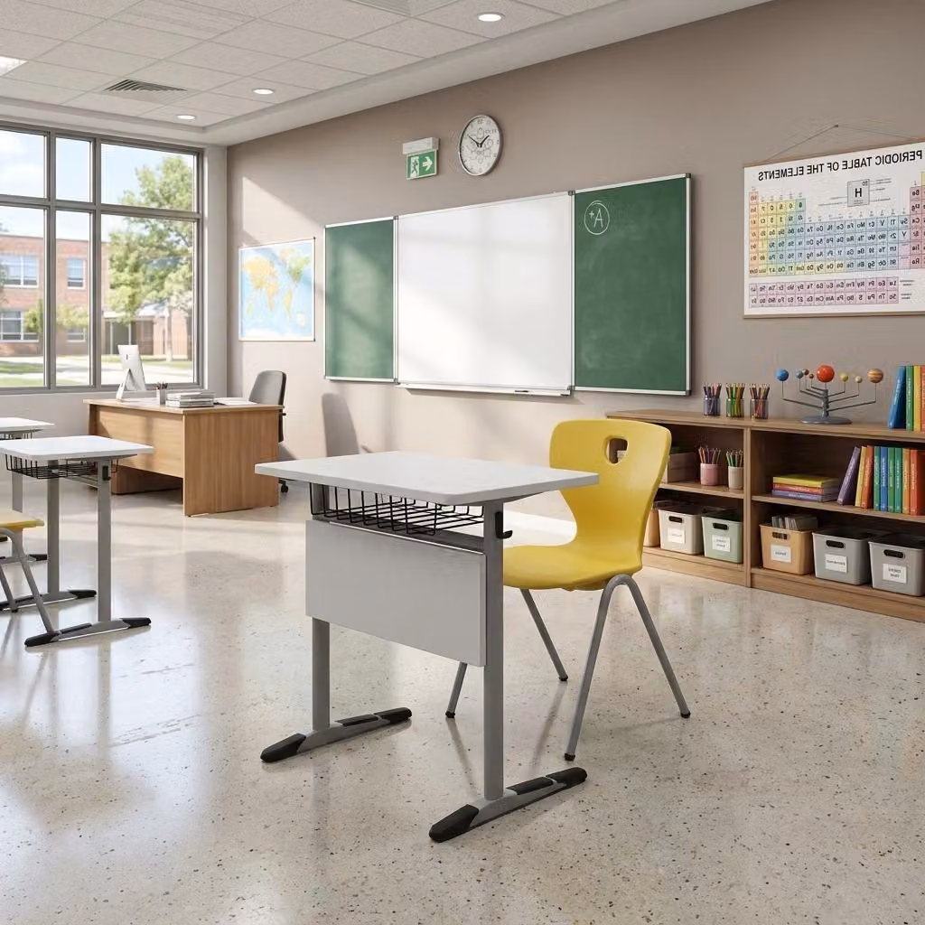 Set scolastico moderno ed ergonomico: scrivania grigia, sedia gialla, scrivania singola