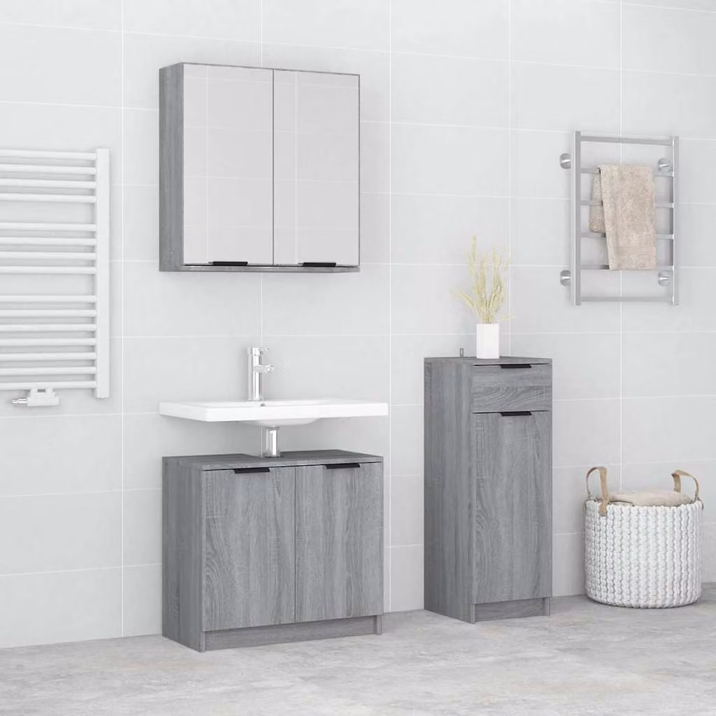Set di mobili da bagno vidaXL composto da 3 pezzi in legno grigio con armadio alto, armadietto laterale e pensile con specchio