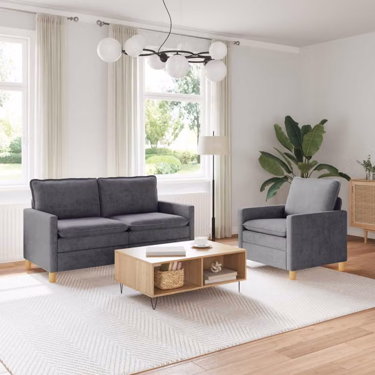 Set di 2 divani moderni vidaXL in tessuto con struttura in metallo e coperture rimovibili, Grigio e Marrone