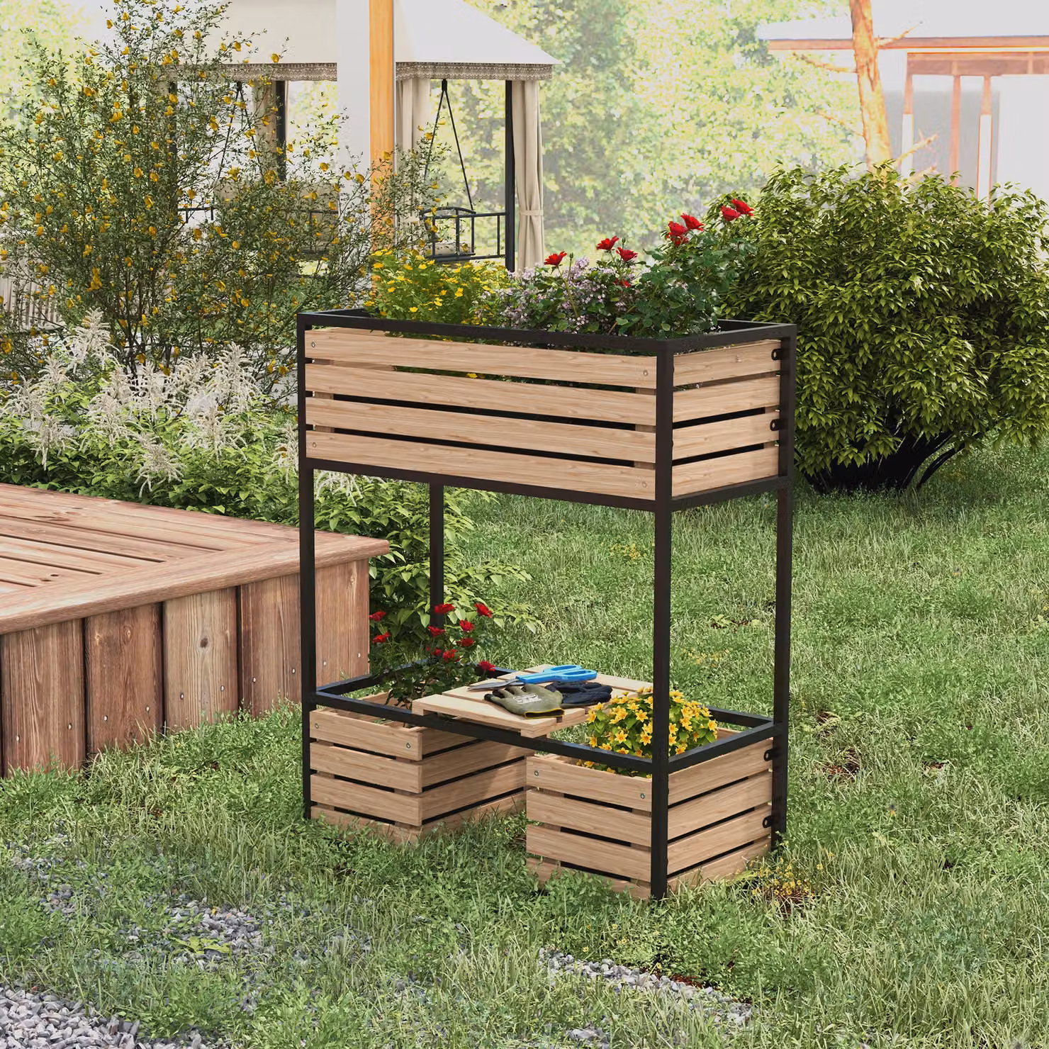 Fioriera a gradoni per orto rialzato Outsunny in legno, 3 fioriere, Naturale + Nero, L: 83 cm, P: 39 cm, H: 100 cm – 2