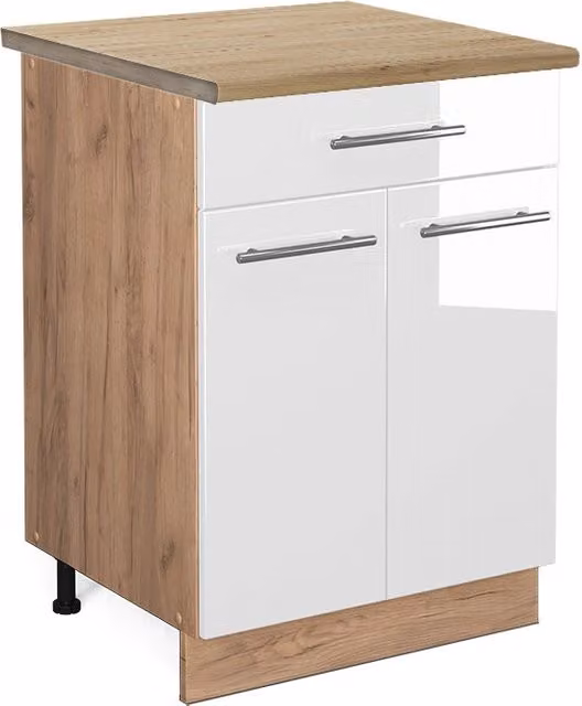 Mobiletto base per cucina Fame-Line Bianco lucido/Rovere dorato 60 cm con cassetto, PL Rovere Vicco