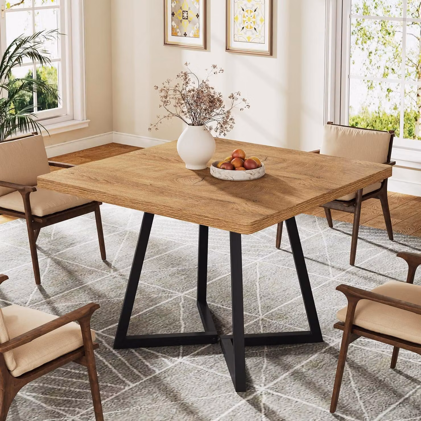 Tavolo da pranzo 80x80 cm, struttura in metallo nero e piano in legno naturale