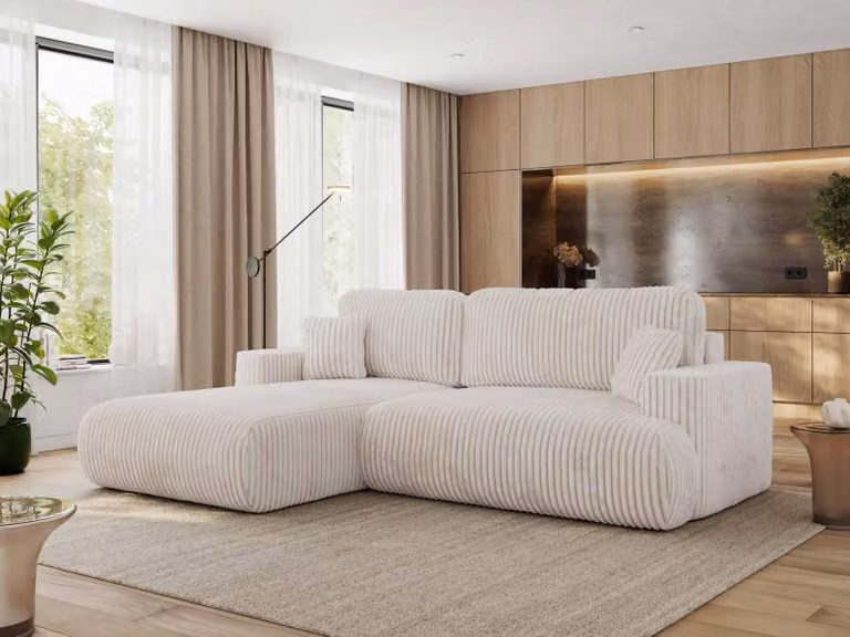 MKS MEBLE divano angolare OVO con funzione letto e box letto, velluto a coste beige, divano a L, divano angolare a 4 posti, 271x195x95 cm - lato sinistro