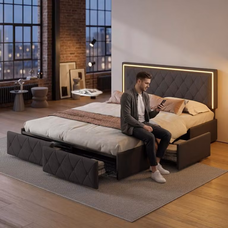 Letto matrimoniale ProximaX 140x200 cm con 4 cassetti, in Pelle fintaPoliuretanogrigia, con illuminazione a LED (RGB), testiera regolabile in altezza, letto con contenitore