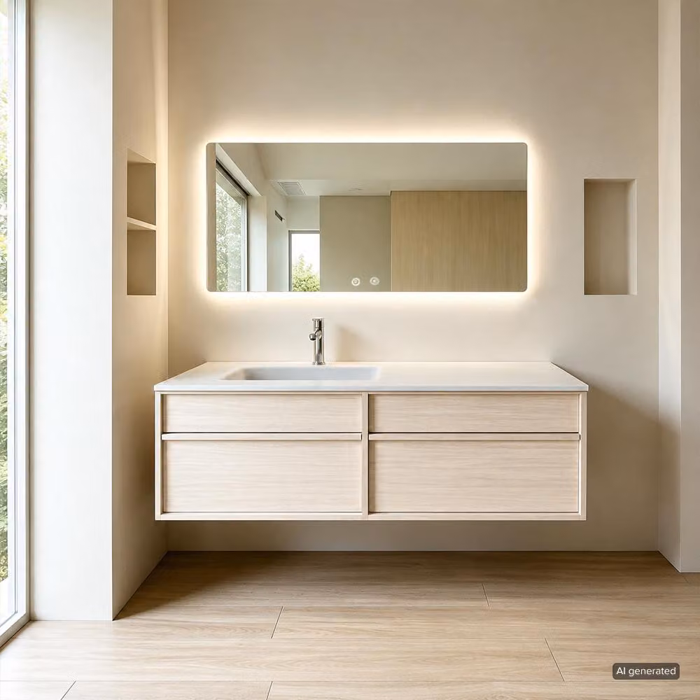 Set per bagno, composto da: mobile lavabo con lavabo in pietra sinterizzata, mobile sospeso sotto il lavabo, specchio. Arredamento moderno per bagno, dimensioni 120x55 cm. [RW849-120K]