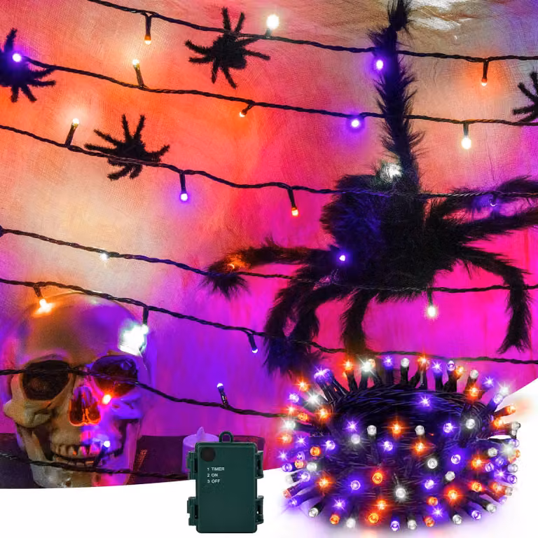 Catena luminosa a tema Halloween, 5 metri, 50 LED, arancione/viola/bianco, con timer, impermeabile