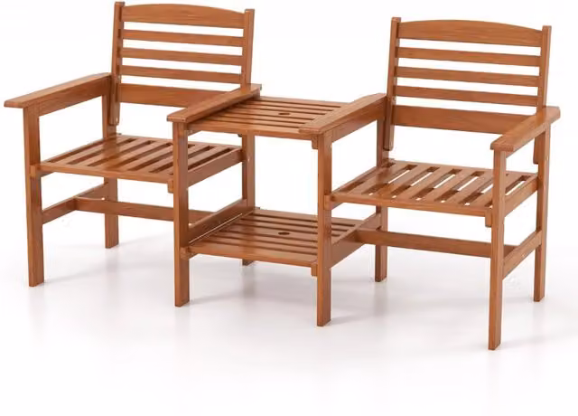 Divano a 2 posti da esterno con tavolo, Set da conversazione in legno con tavolino e foro per ombrellone 159,5x61,5x88cm