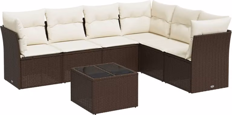 Set Divano da Giardino 7pz con Cuscini Marrone in Polyrattan
