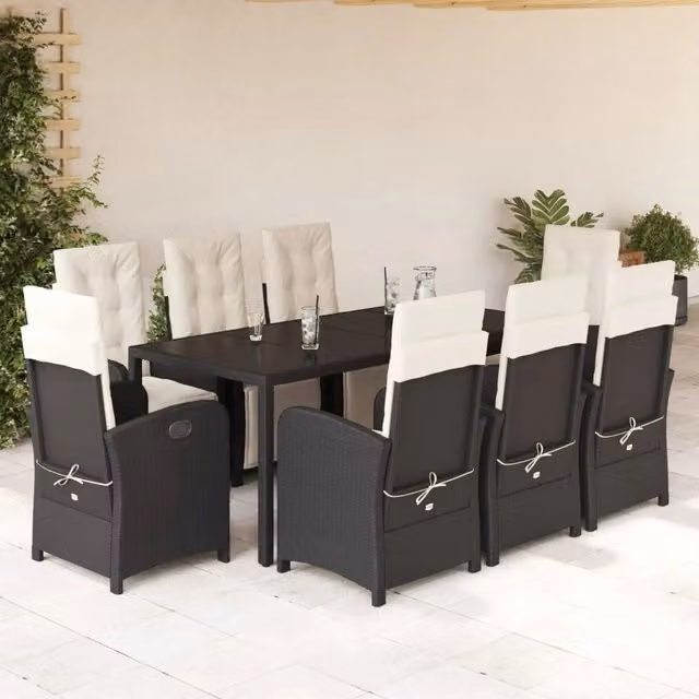 Set da pranzo da giardino vidaXL in polyrattan nero e bianco con cuscini e tavolo in vetro