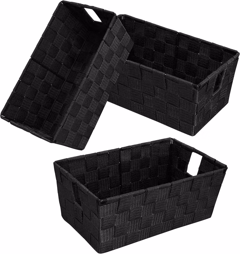 Cesti portaoggetti con maniglie, confezione da 3, colore nero, dimensioni 29 x 16,5 cm, ideali per la camera da letto