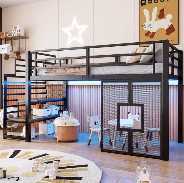 Letto a soppalco ULEVR 90x200 cm in ferro e MDF con scala contenitore, LED, finestre e sponde, nero