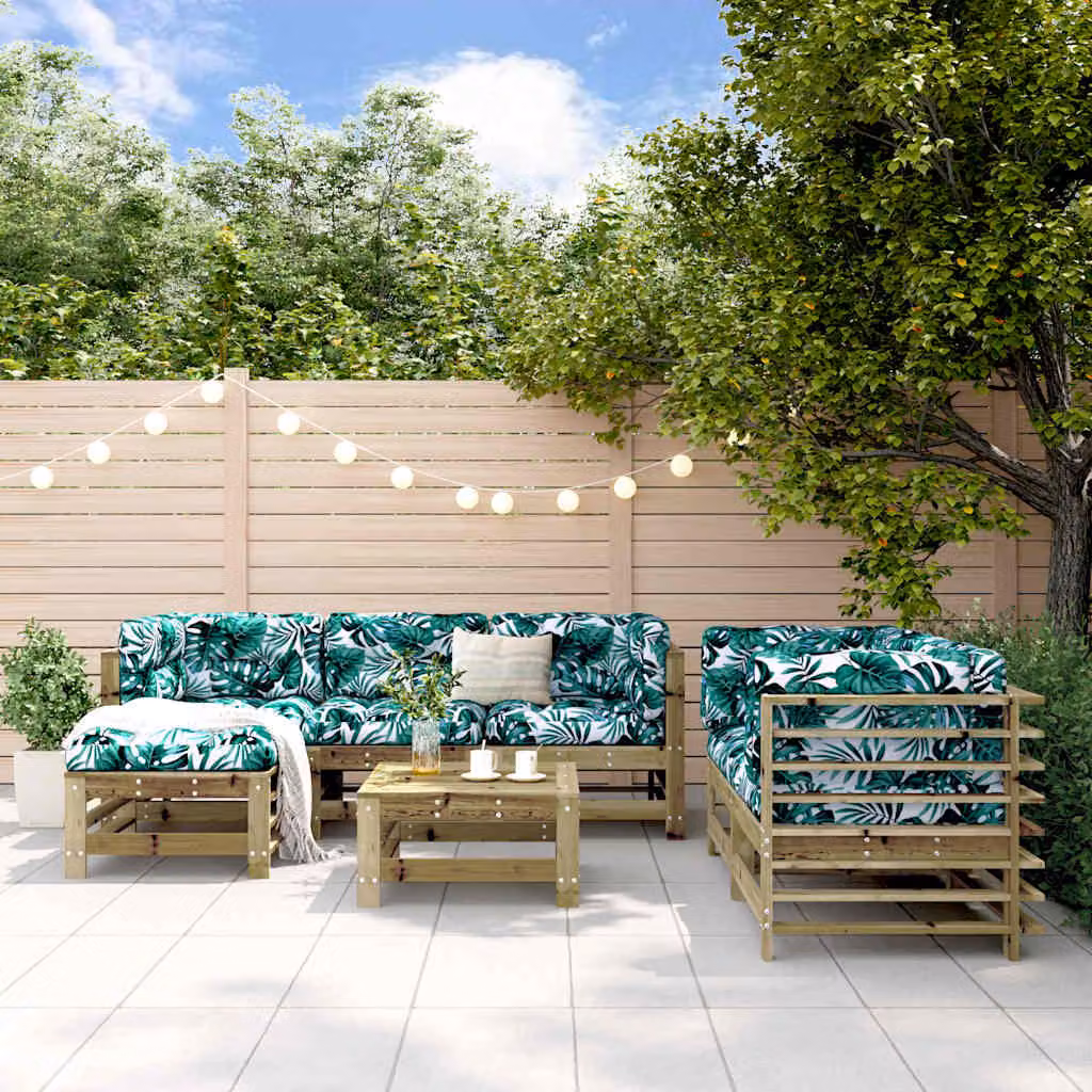 Set Salotto da Giardino vidaXL in Legno di Pino con Cuscini Floreali, 7 Pezzi, L-Shape, Marrone e Verde